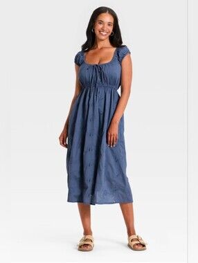 XXL Women's Slate Blue Cap Sleeve Eyelet Midi Sundress-NWT